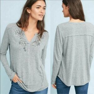 Anthropologie Akemi + Kin Linen Blend Beaded Grey Henley Long Sleeve Top S